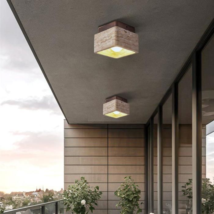 Plafonnier - SMOTOP - Travertin (pierre naturelle) - Bois noyer - Lot de 2 2x E27