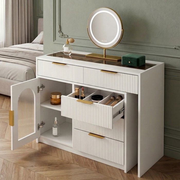 Coiffeuse blanche extensible plateau verre miroir LED design nervuré meuble moderne sans tabouret 90-160x40x75cm