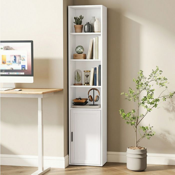 Bibliothèque Grande Étagère de Rangement Bibliothèque 6 Niveaux avec Porte Meuble pour Bureau à Domicile ou Salon Blanc