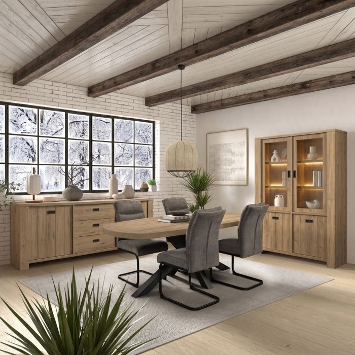 Séjour complet table Castella + buffet et vitrine aspect bois finition Castel Oak - ANATOLE Séjour complet table Castella + buffet et vitrine aspect bois finition Castel Oak - ANATOLE