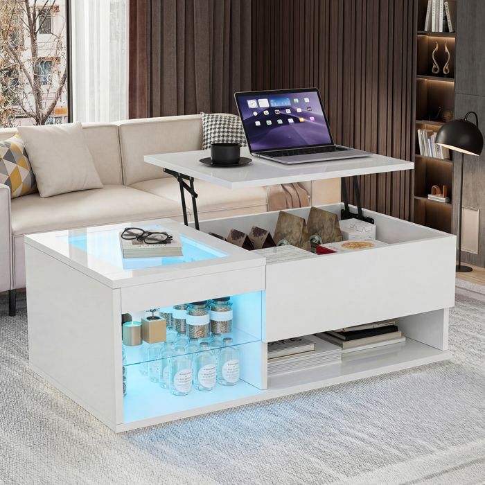 Table basse - URBANLUXE - Table basse relevable - Plateau relevable - Éclairage LED - 3 étagères