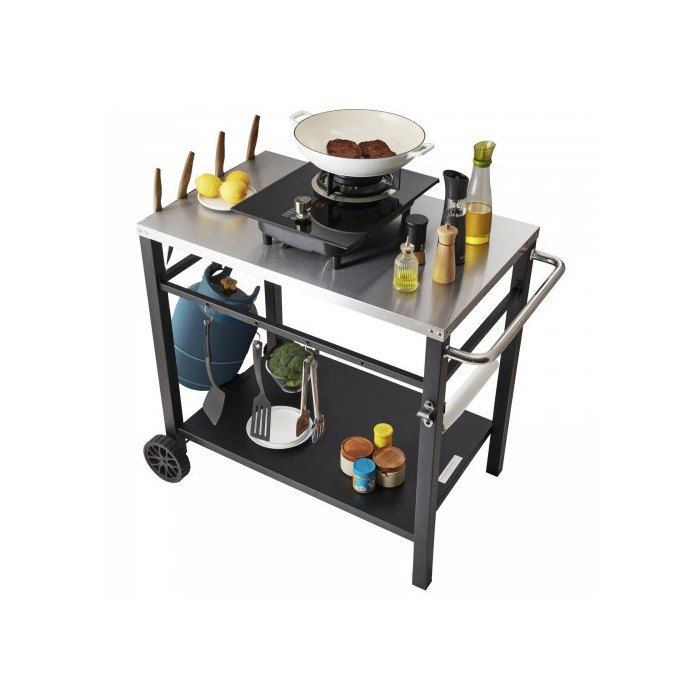 Desserte Plancha à 2 Niveaux Chariot de Barbecue avec Grand Plan de Travail en Inox 85 x 55 cm Table de Barbecue sur Roulettes