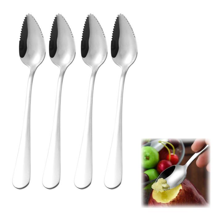Lot de 4 cuillères à pamplemousse inox bord dentelé pour fruits (pomme kiwi papaye orange) lavable au lave-vaissell Meoiruery