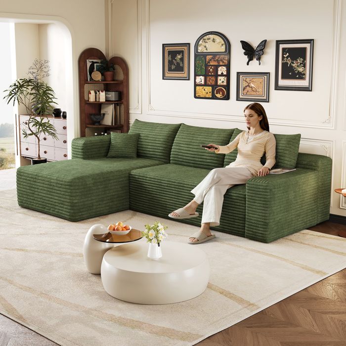 Canapé d’angle modulable 3 places 241 cm avec méridienne réversible velours côtelé vert sans montage