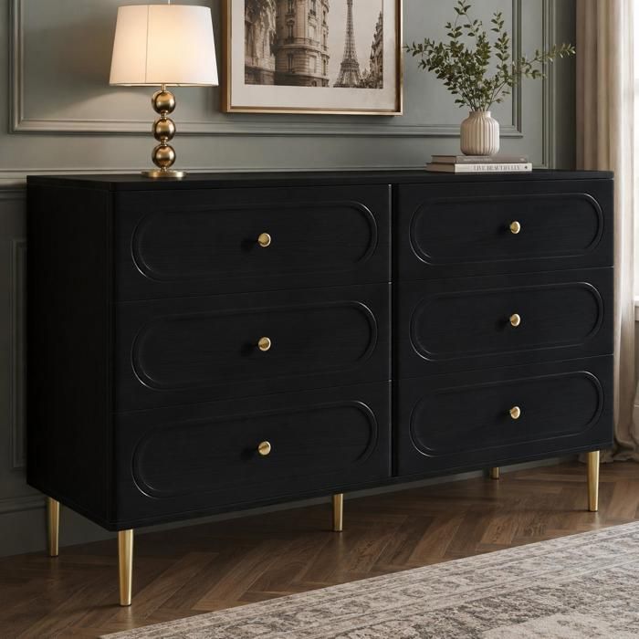 Buffet Salle à Manger COZHYESS 120x40x75 cm Bahut Commode 6 Tiroirs Façades Ovales Pieds Métal Rangement - Noir