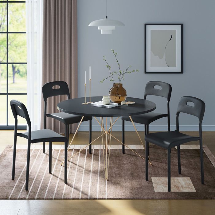 Chaises Empilables Lot 4 – Plastique Pieds Acier Imperméables –Capacité de charge de 136 kg– 455x40x76.5cm-Noir