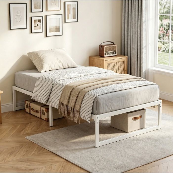 Cadre de lit simple 90 x 200 cm en metal blanc sans tete de lit avec sommier a lattes et rangement dessous Cadre de lit simple 90 x 200 cm en metal blanc sans tete de lit avec sommier a lattes et rangement dessous