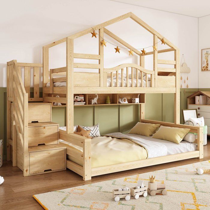 Lit superposé enfant cabane 90x200 et 40x200 cm escalier avec rangements 3 étagères enfant 2 places certifié EN 747 Naturel