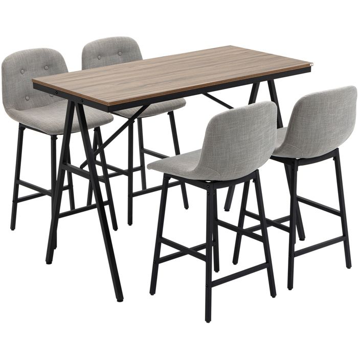 Ensemble table de bar 5 pièces - Table haute 120 x 60 x 91 cm avec 4 chaises rembourrées - Marron clair