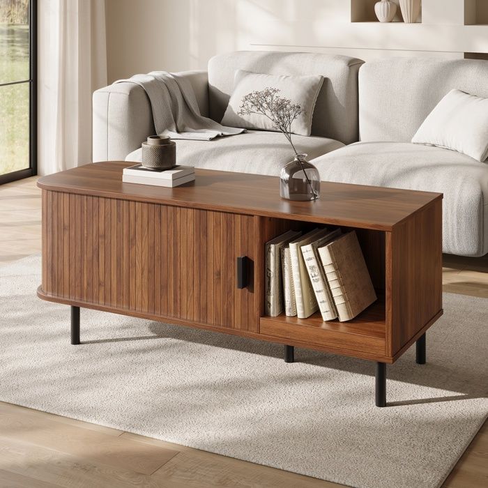 Luscriate - Table basse 110 x 40 x 55 cm avec portes coulissantes meuble de salon – noyer