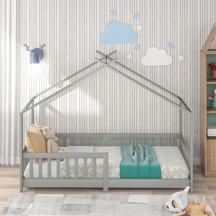 Lit cabane enfant - ZEVKOR - Lit cabane 90×200 cm - Pin gris - Barrières de sécurité - Rangement sous-lit