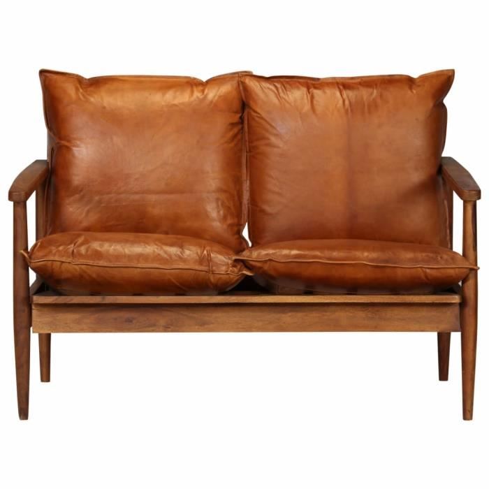 Canapé 2 places en cuir véritable marron - ARAMOX - finition bois de Sesham - style vintage