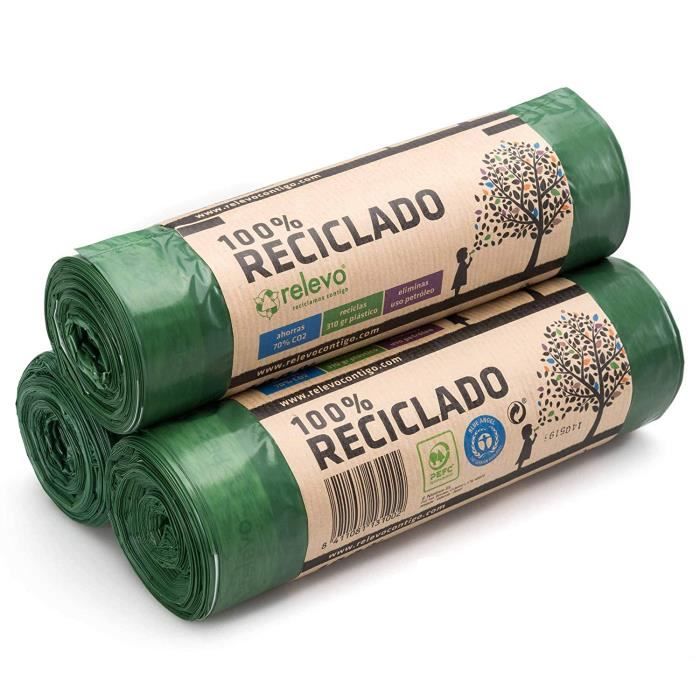 Sacs Poubelles Relevo 150L Extra Résistants - Jusqu'à 100 Kg, Anti-fuites, 100% Recyclés, Lot De 6 Rouleaux