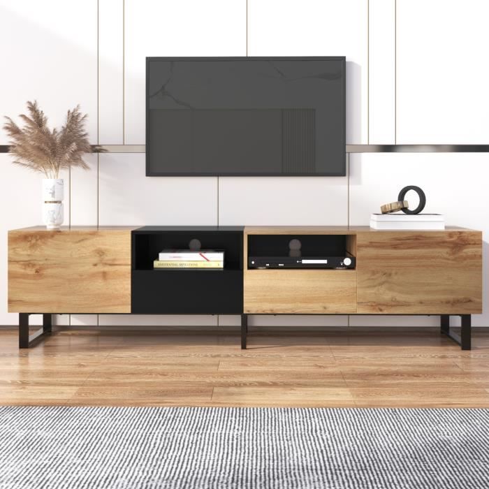 Meuble TV Blanc YEHTOKHOME 190 Cm - 3 Portes, 2 Tiroirs, étagères, Design Moderne (blanc Et Noir) - 5