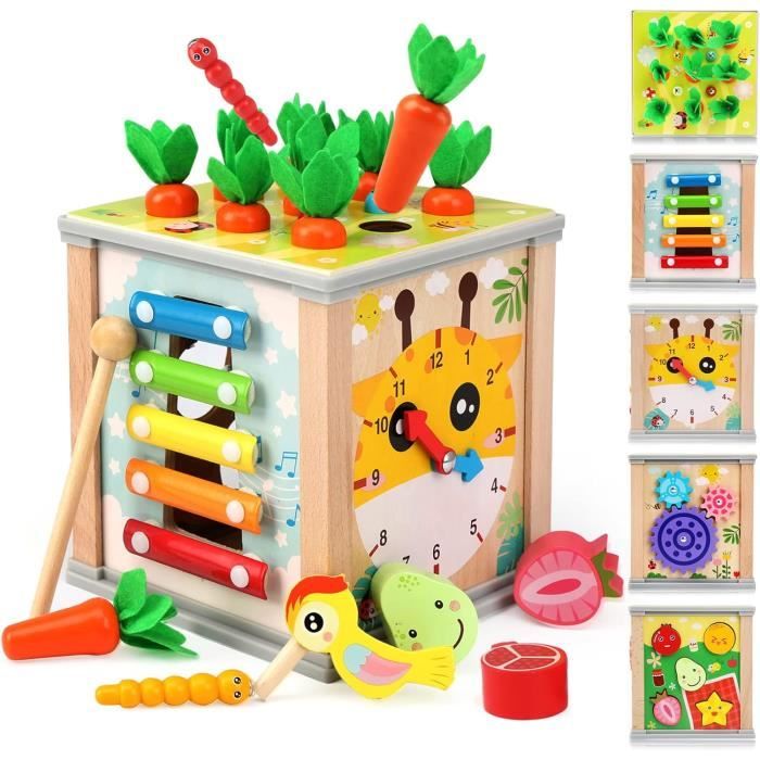 LINFUN KIDS Cube D’Activité En Bois 6 En 1 – Jeu Montessori Avec Labyrinthe, Puzzle, Trieur De Formes Pour Bébé