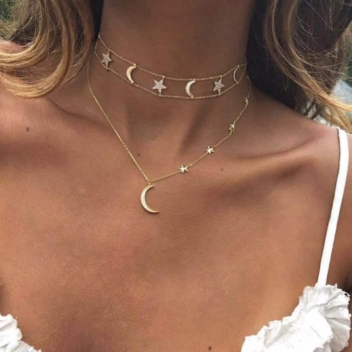 1X Chaîne Dorée étoile lune soleil Collier Tour de cou pour femme Cristal Pièce épaisse or Colar