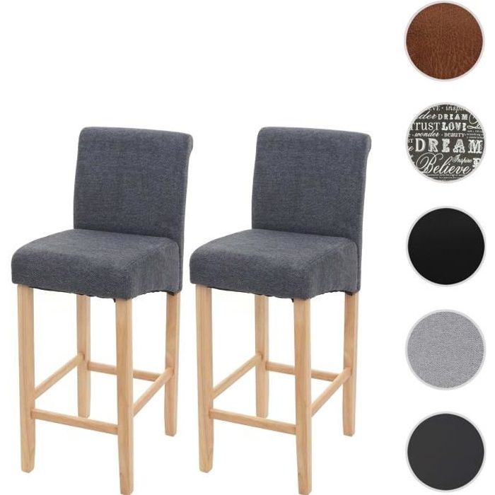 Lot de 2 tabourets de bar HWC en bois massif et tissu gris fonc&eacute;