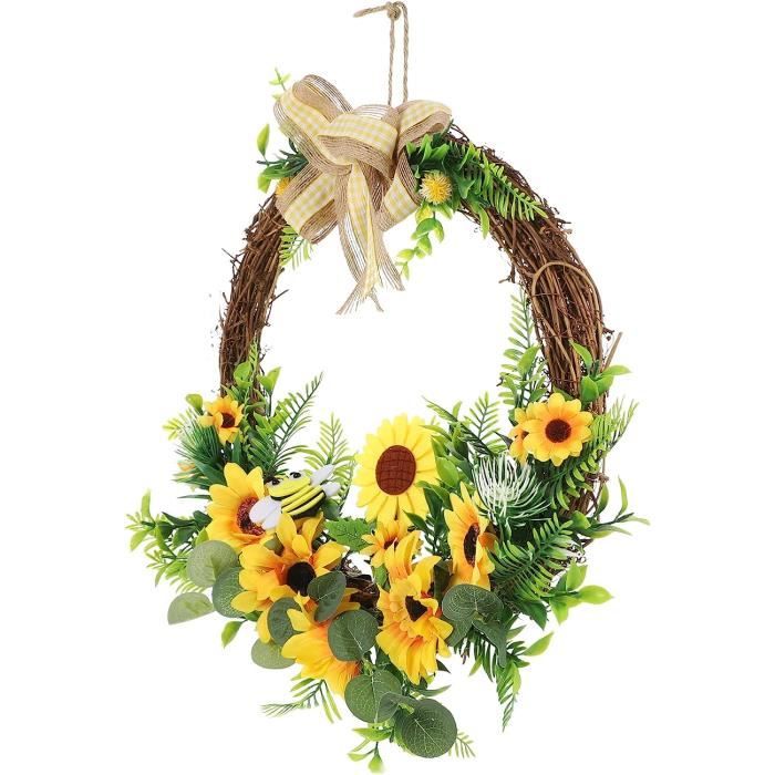 MISNODE Couronne Tournesol Artificielle 45 Cm - Décoration Porte Entrée Printemps Été, Fleurs Soie Jaune, Faite Main