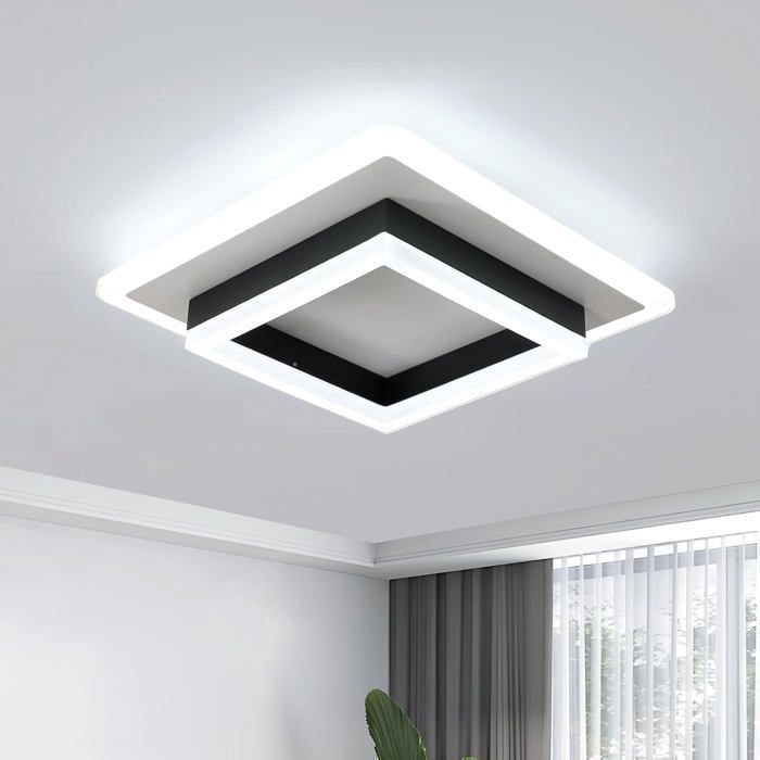 DORLINK Plafonnier LED 24W 2400LM Carré 20x20cm IP50 Étanche – 6500K – Design Moderne – Salle de Bain Cuisine Couloir – Noir+Blanc