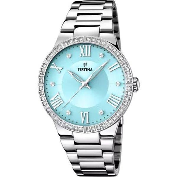 Montre - FESTINA - Dame - Acier - Cadran bleu ciel - Strass - Étanchéité 3 ATM