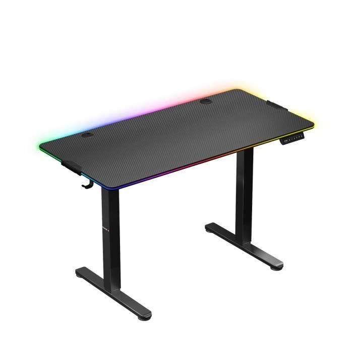 huzaro Hero 1.7 RGB Black Bureau de gaming avec éclairage LED, 120 x 60 cm, crochet pour casque, porte-gobelet, surface en fibre de carbone, passe-câble, construction en métal, noir
