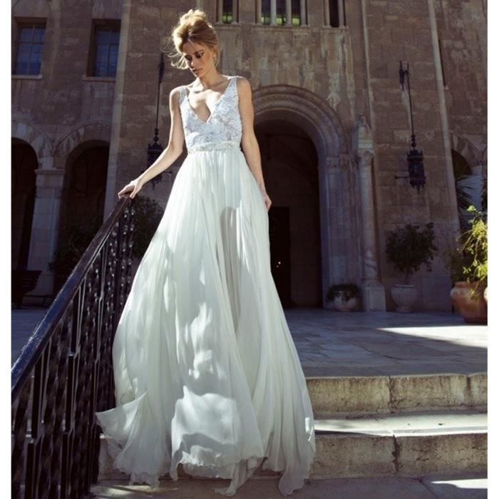 Robe De Marie Mariage Soiree Longue Col V Profond Sans Manches Dos Nu Dentelle Mousseline Princesse Perles De Haut Blanc Cdiscount Pret A Porter