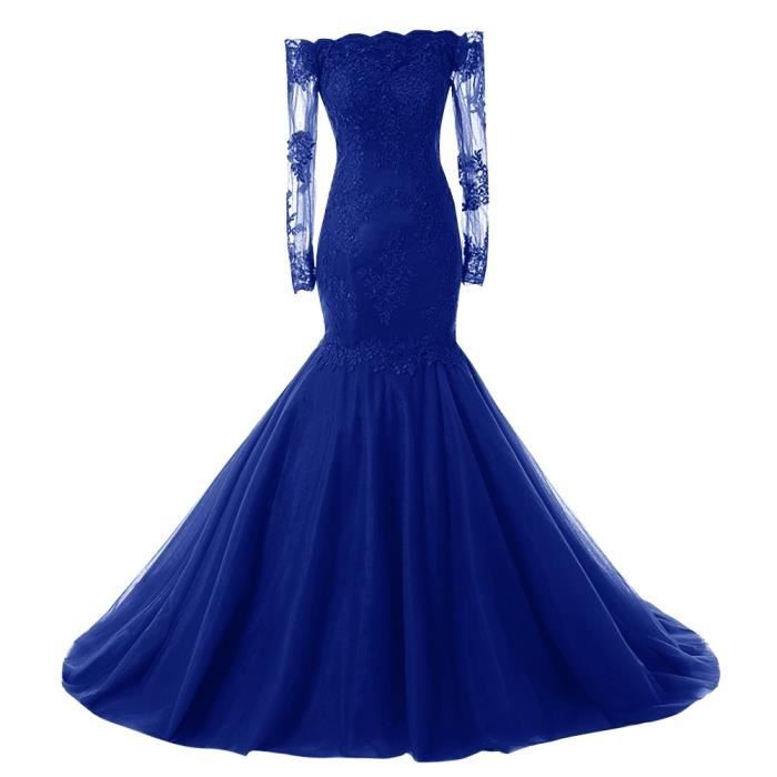 Bleu Royal Robe Longue De Soiree Mariage Col Bateau Epaule Sexy Manche Transparent Dentelle Multicouche Tulle Fourreau Grande Taille Bleu Achat Vente Robe De Ceremonie Cdiscount