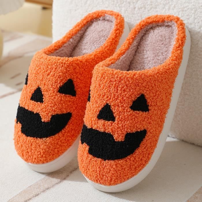 Chaussons D'hiver Femme En Peluche Citrouille Halloween - Pantoufles Légères En Coton - Unisexe - Confort Maison