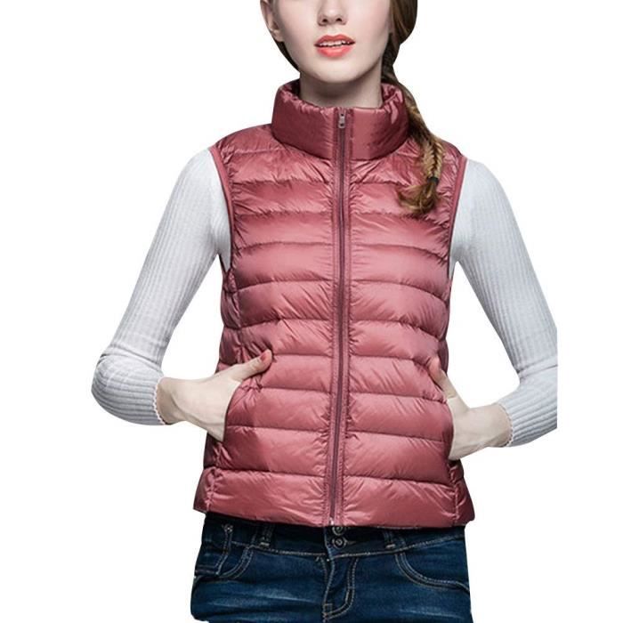 Doudoune Ultra L/éger Gilet sans Manches Printemps ou Automne Duvet de Canard Blanc Femme Zip Chaud Veste Compressible Casual Blouson Courte Manteau Vin Rouge M