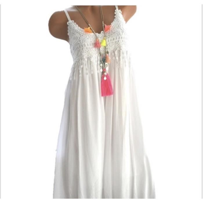 Sexy Robe longue a fines bretelles unie femme d ete sans manches pas cher grande taille Robe de plage fille Blanc Cdiscount Pret a Porter