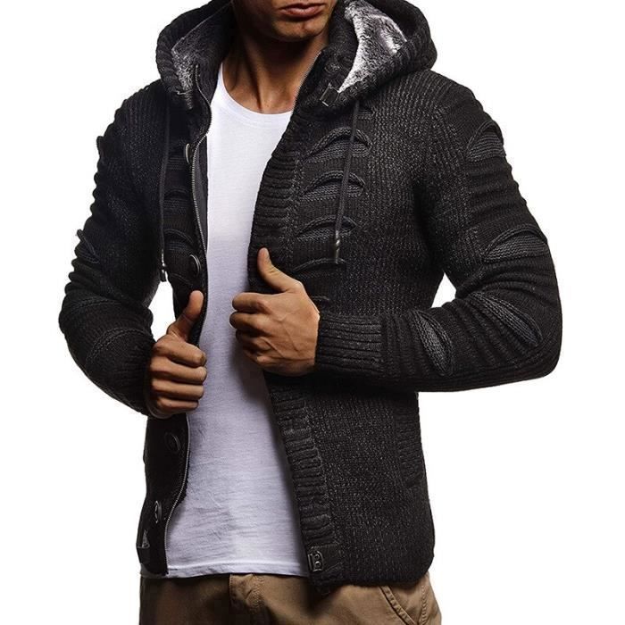 Gilet cardigan en laine pour homme avec capuche et fermeture eclair Noir Blanc Cdiscount Pret a Porter