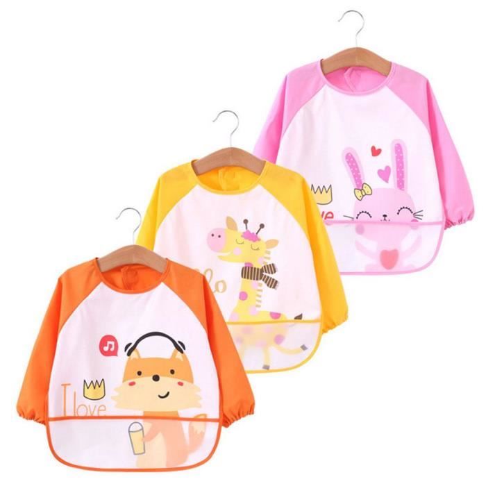 Bavoir Manger Unisexe Enfant Manche Longue Imprim/é Animaux Tablier Peinture Etanche Anti-Usure pour Fille Gar/çon 0-6 Ans
