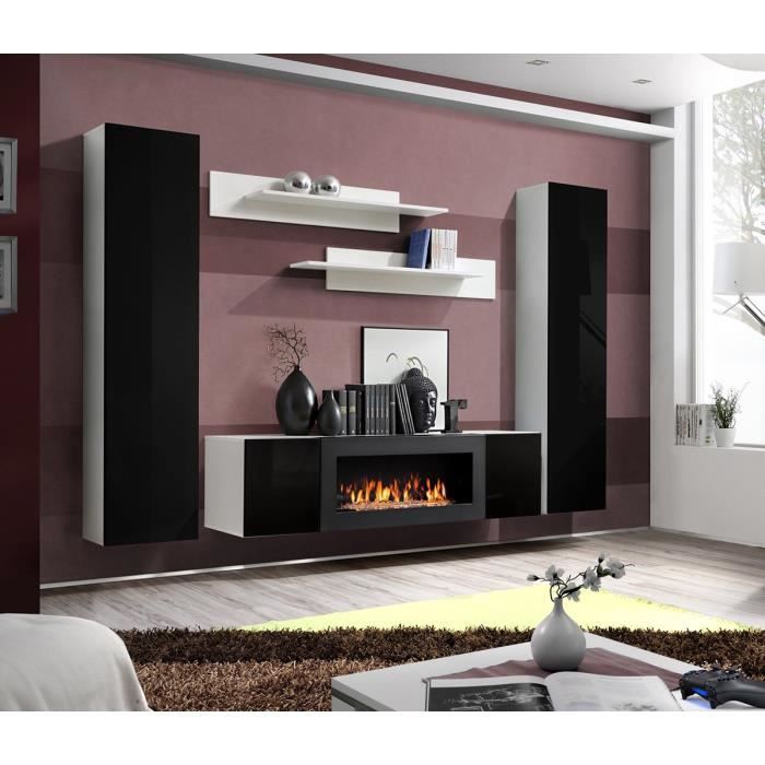 ensemble de meubles suspendus - price factory - fly m1 - blanc brillant - noir - cheminée bio-éthanol