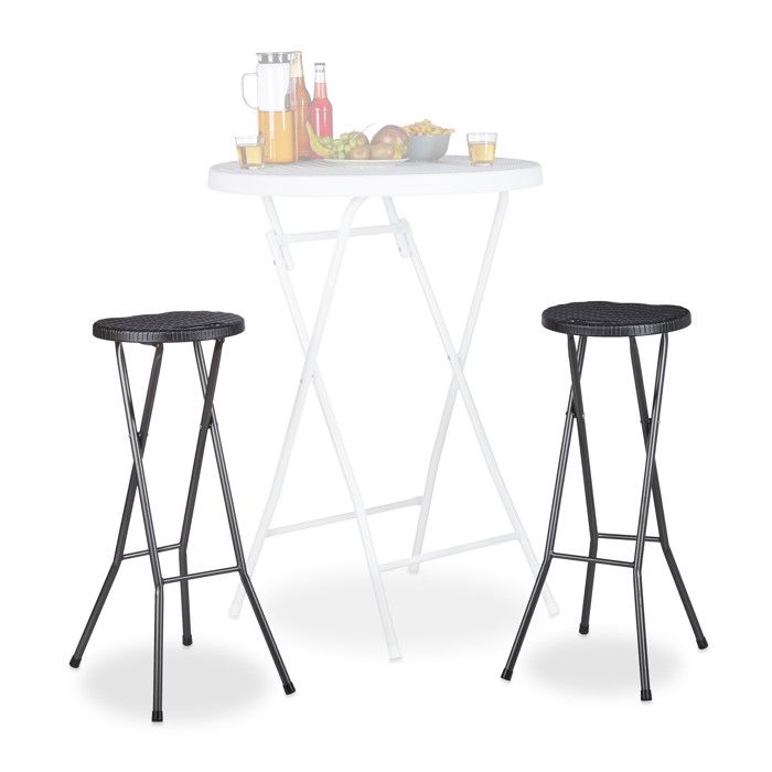 Relaxdays Tabouret de bar pliant BASTIAN lot de 2 résistant aux intempéries hauteur 80 cm plastique noir