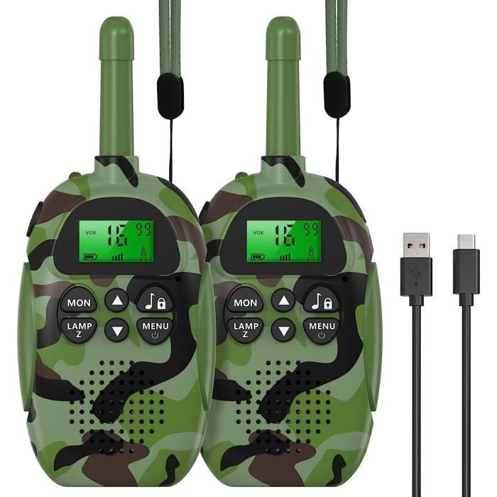 Talkies Walkies Enfants QUOLIX Camouflage 4 Pièces - Rechargeables, 8 Canaux, VOX, Lampe LED