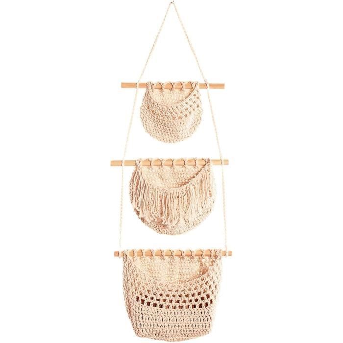 2 Paniers Suspendus En Macramé Coton - Style Bohème Scandinave Avec Pompons - Idéal Pour Fruits, Légumes, Décoration Murale Cuisine - 1