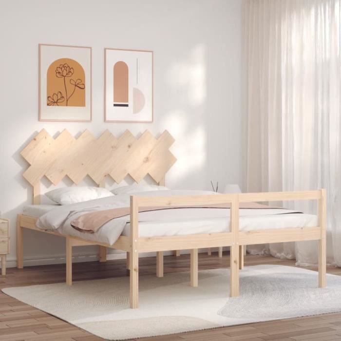 cadre de lit en bois massif 140x190 cm - vgeby - a3195526 - beige - a lattes - campagne