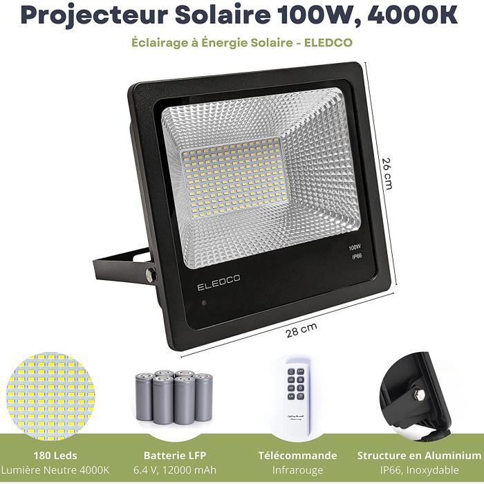 ELEDCO Projecteur LED Solaire 100W, Panneau Solaire, Batterie