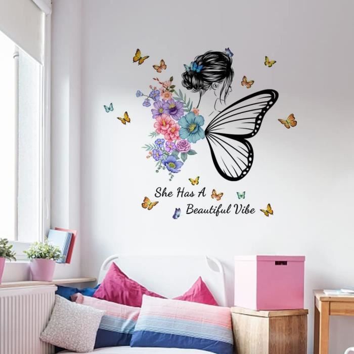 Autocollants muraux de couleur nordique, papillon, fleur, fée