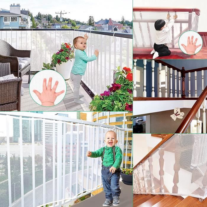 Filet De Sécurité Escalier/Balcon 3x0.9m - Protection Enfant, Chien, Chat | Tissu Ripstop, 20 Attaches | Barrière Souple, Non Portante