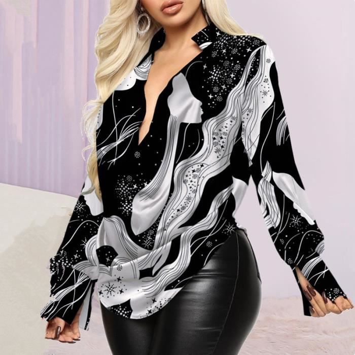 Chemise Chemisier a col benitier profond pour femme haut a manches longues imprime graphique plongeant decontracte A9 D9666835 Blanc Cdiscount Pret a Porter