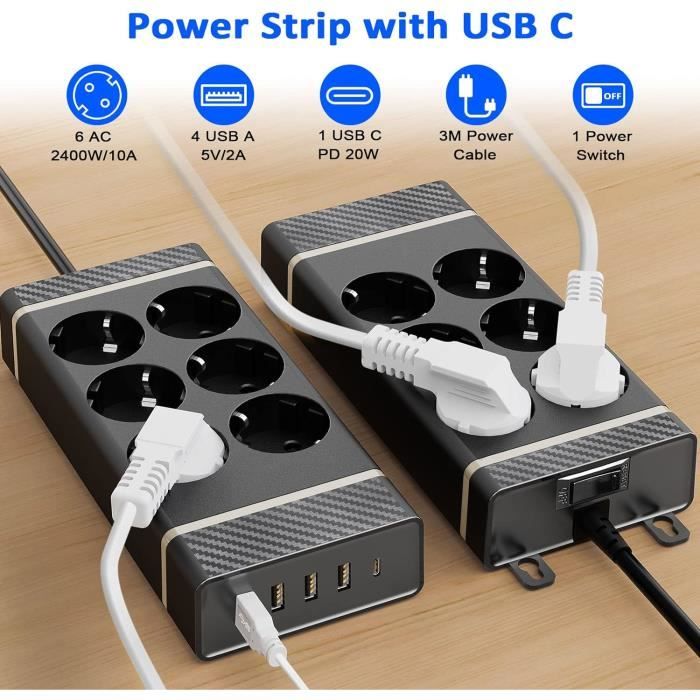 Multiprise Electrique 3M Avec 6 Prises Et 1 Port Type-C 20W Et 4 Ports ...