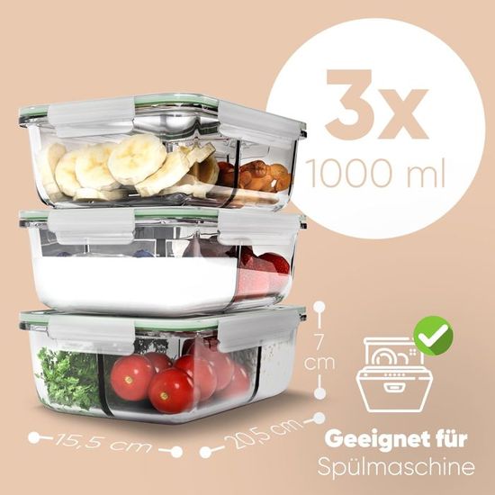 Skroam Lot de 5 boîtes en verre hermétiques de 1056 ml avec 3 compartiments, ensemble de