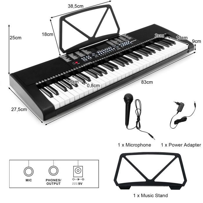 DREAMADE Piano Numérique 61 Touches, Clavier Electrique avec Ecran LCD,  2Haut-Parleurs, Microphone, Casque, Pupitre, Noir - Cdiscount Instruments  de musique