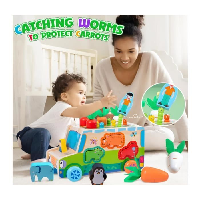 Achiyway Jouet Montessori 8-en-1 En Bois - Chariot Avec Pêche Magnétique, Formes Animaux Et Légumes - Cadeau Éducatif 1-3 Ans