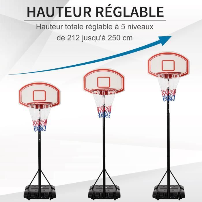 HOMCOM Panier de basket-ball sur pied ajustable portable hauteur réglable  212-250 cm base de lestage sur roulettes poteau métal - Cdiscount Sport