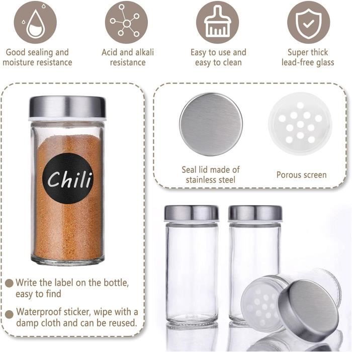 Set De 6 Pots à épices En Verre Borosilicate 240 Ml - Avec étiquettes Et Couvercles Bambou - Hermétiques, Empilables