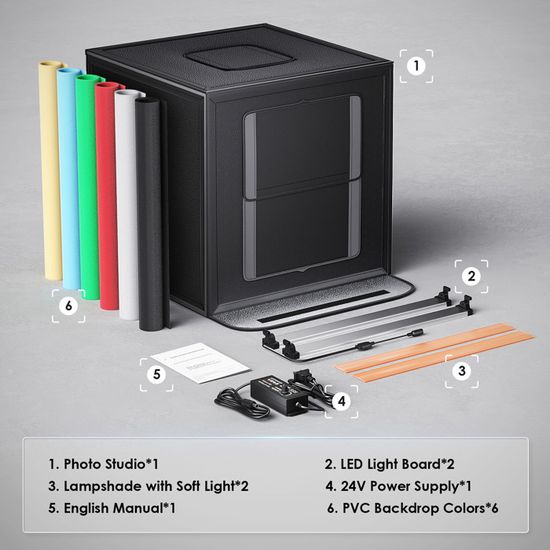 Boîte à Lumière Professionnelle Pliable 32x32x32 Cm - 120 LED Dimmables, 6 Fonds De Couleur - Pour Photos De Produit