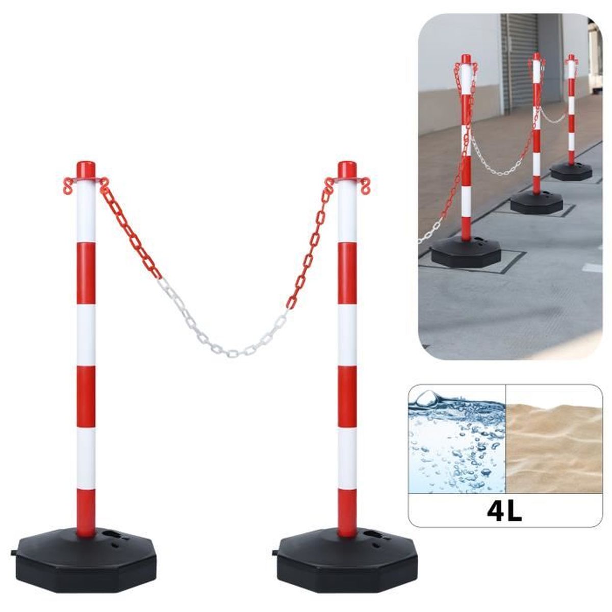 Ensemble De Poteaux à Chaîne Plastique 10 M - Poteaux Jaunes 90 Cm, Base Remplissable, Signalisation Zone