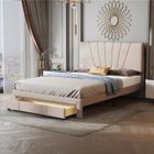 MERAX Lit double capitonné 140x200 cm en tissu avec grand tiroir, 2 personnes, Sommier à lattes inclus, Scandinave, Beige foncé